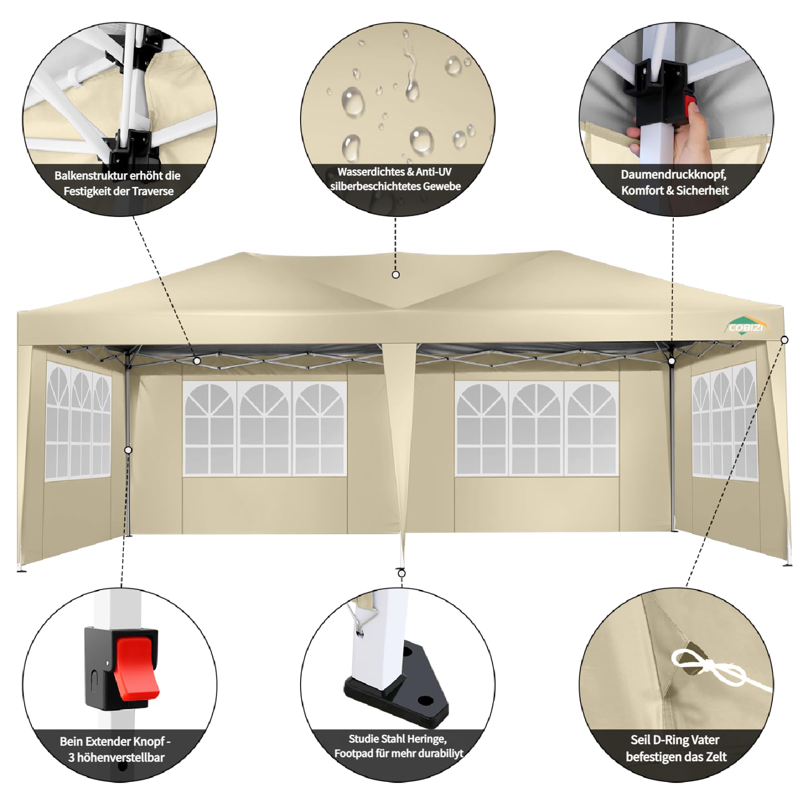 Zelt 2 Personen COBIZI Pop Up Pavillon 3x6m Grau – Wasserdicht Mit